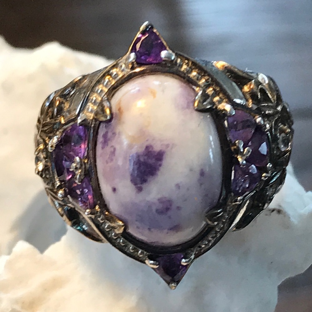 925 Ring w/ Lavender Lepidolite & Faced Amethyst